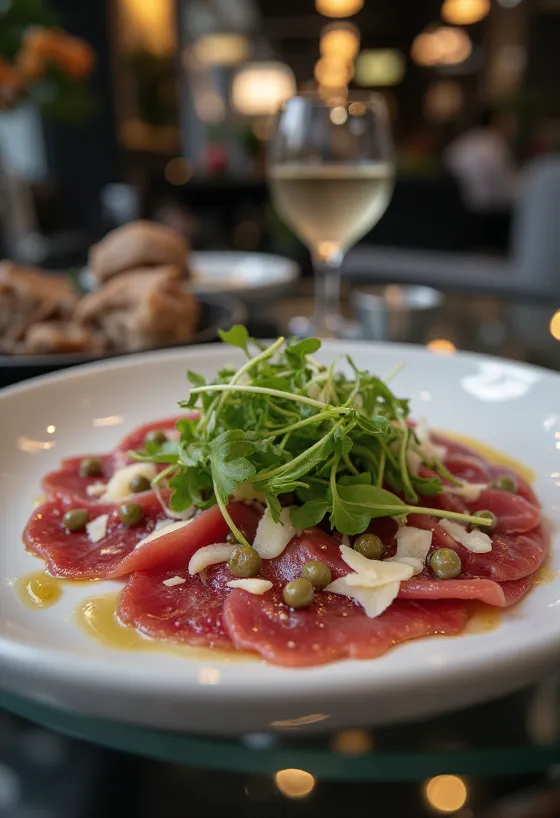 Hevosenlihacarpaccio tarjoiltuna rucolan, parmesaanin ja kapristen kera.