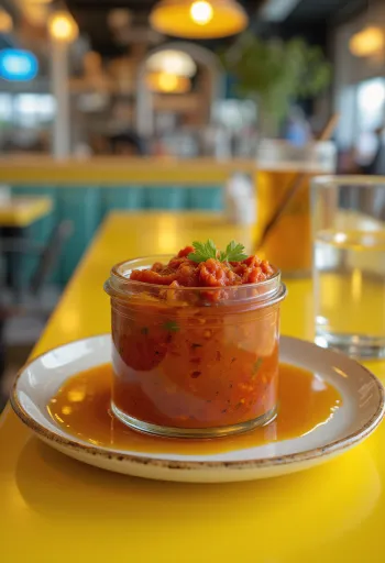 Harissa-kastike tarjoiltuna grillattujen vihannesten kera