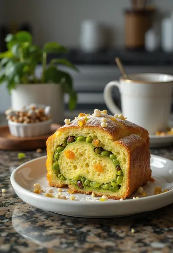 Panettone pistaasipähkinällä, vastapaistettuna ja sokerilla siroteltuna