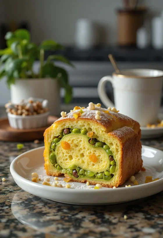 Panettone pistaasipähkinällä, vastapaistettuna ja sokerilla siroteltuna