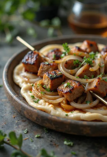 Saslik-vartaat tarjoiltuna grillattujen vihannesten kera