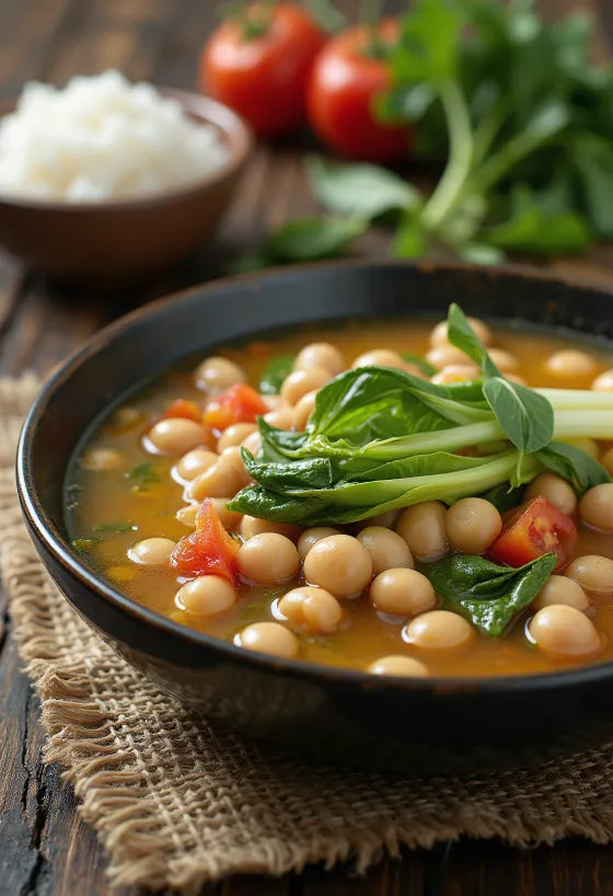 Sinigang soijalla, vihanneksilla tarjoiltuna