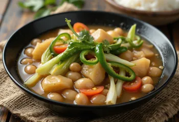 Sinigang soijalla, vihanneksilla tarjoiltuna