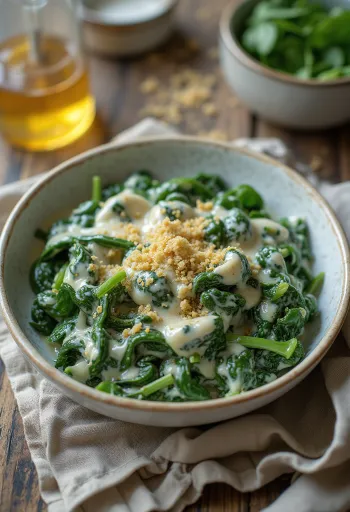 Kermainen pinaatti tuoreena, valkoisella lautasella tarjoiltuna.