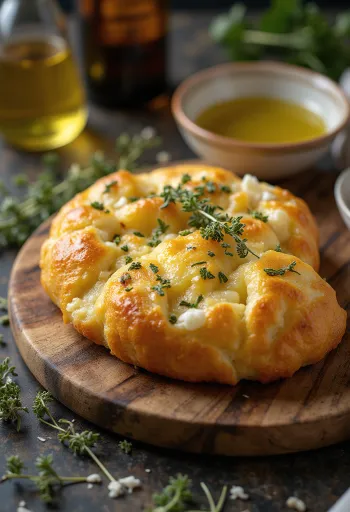 Tiganopsomo feta- ja graviera-juustolla, koristeltu tuoreella oreganolla.
