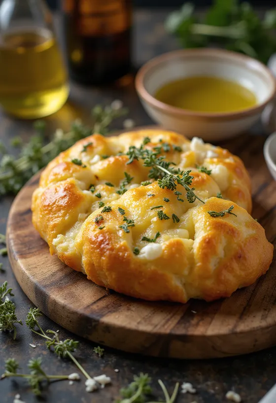 Tiganopsomo feta- ja graviera-juustolla, koristeltu tuoreella oreganolla.