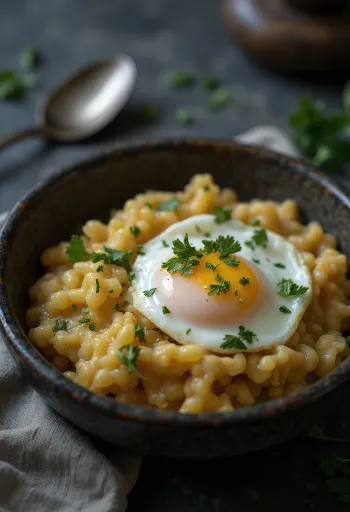 Açorda uppomunalla, tuoreella korianterilla koristeltuna, sitruunamehulla valeltuna