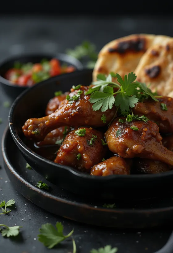 Adobo-kana naan-leivällä tarjoiltuna, herkullisessa mausteisessa kastikkeessa