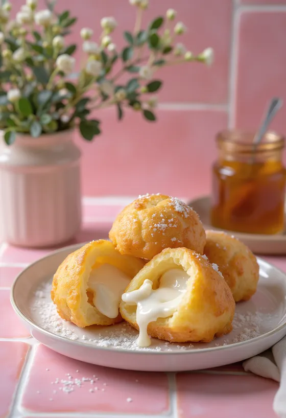 Æbleskiver ricotta-täytteellä, kullanruskeana, tomusokerilla ripoteltuna