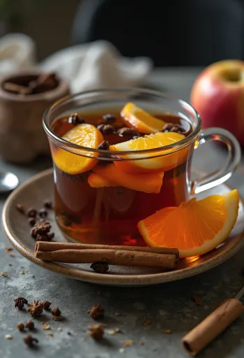 Omenainen appelsiinitee lasissa tarjoiltuna