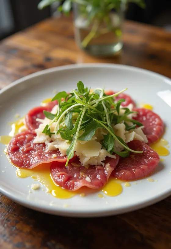 Härkäcarpaccio rucolalla ja parmesaanilla tarjoiltuna
