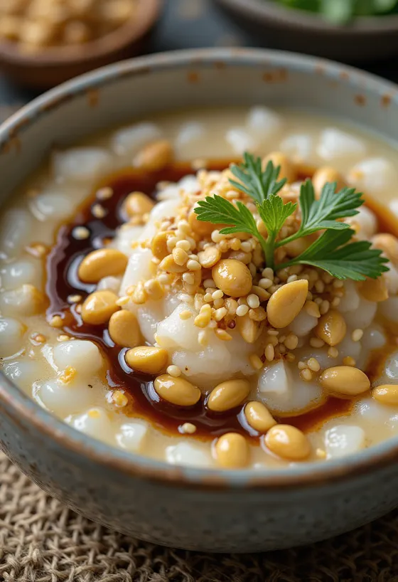 Maapähkinä-congee, tarjoiltuna paahdetuilla maapähkinöillä, seesaminsiemenillä ja korianterilla