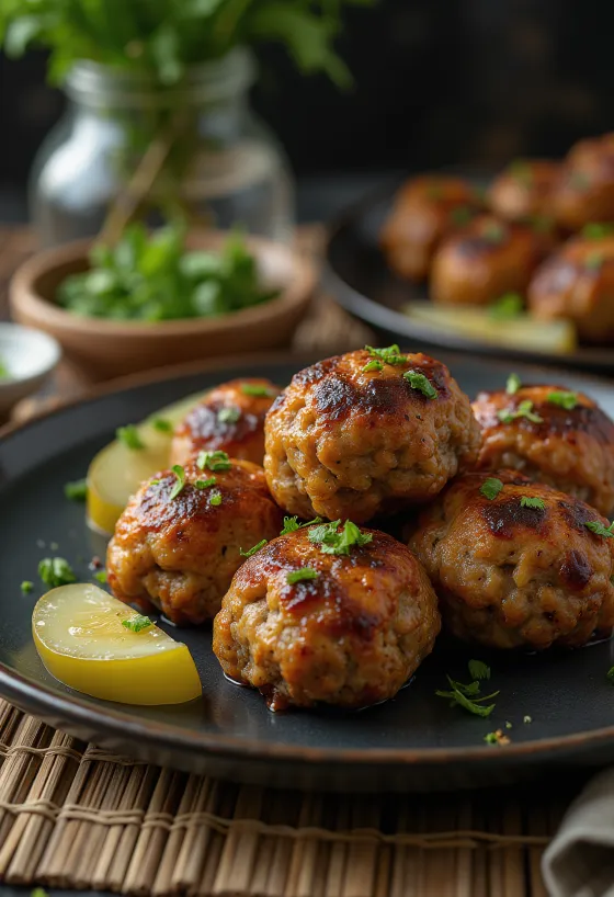 Frikadeller tarjoiltuna höyrytettyjen perunoiden ja kaalisalaatin kera