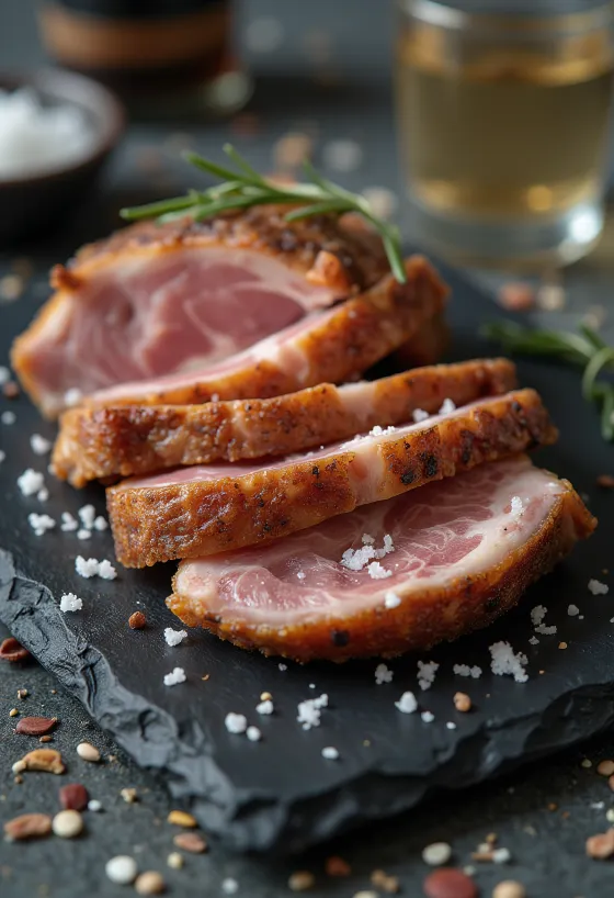 Iberico-porsaan secreto tarjoiltuna sitruunalohkojen ja grillattujen kasvisten kera.
