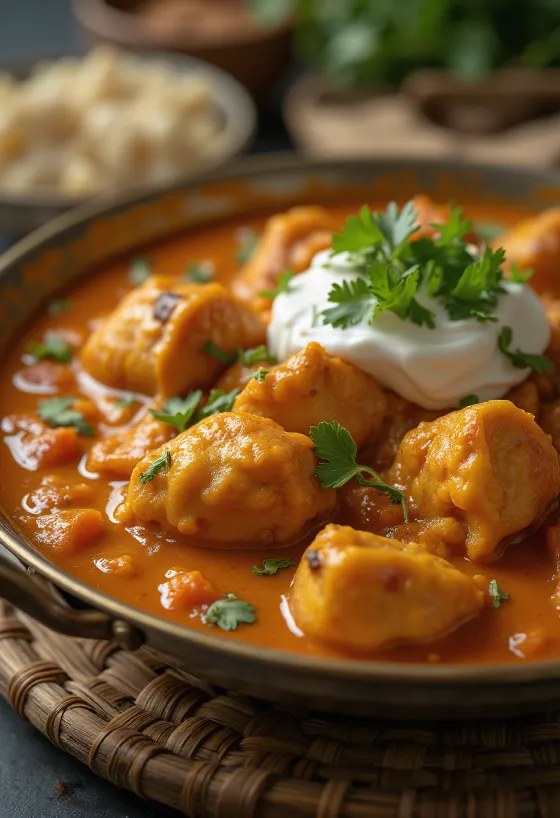Kana tikka masala kermaisessa tomaattikastikkeessa, tuoreella korianterilla koristeltuna