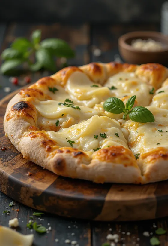 Pizza ai Formaggi tarjoiltuna erilaisilla juustoilla ja tuoreella basilikalla