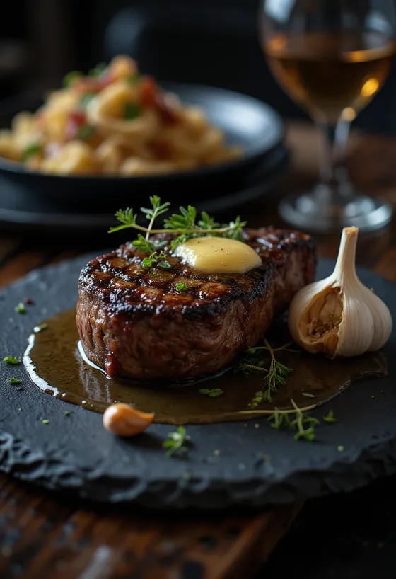 Rib eye -pihvi kullanruskeaksi paistettuna, tuoreiden yrttien ja voin kera tarjoiltuna