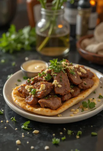 Lammas-Shoarma, tuoreita vihanneksia ja jogurttia