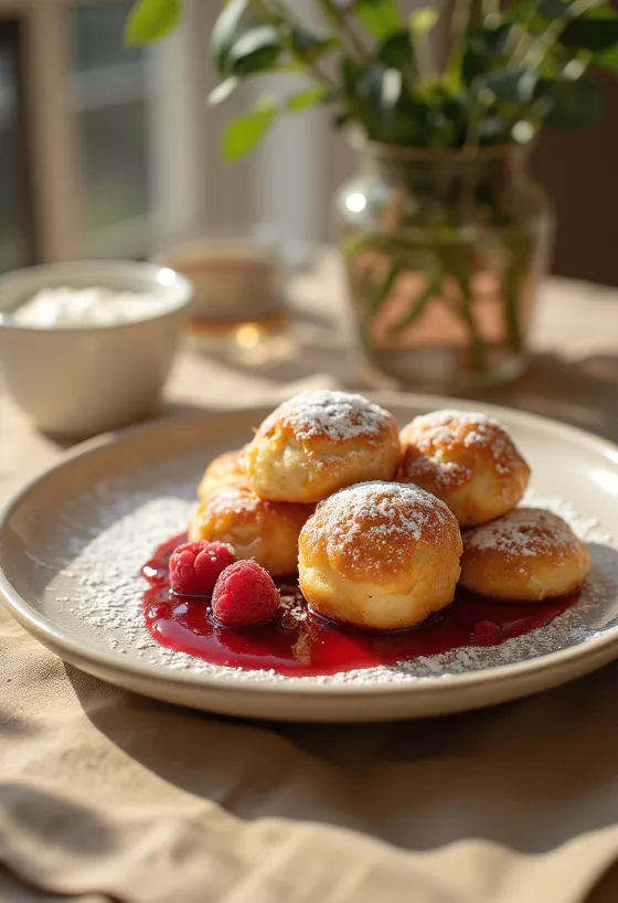 Æbleskiver vadelmahillolla ja tomusokerilla tarjoiltuna