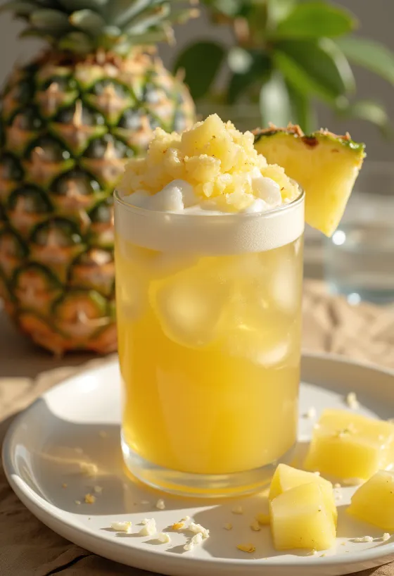 Ananas-kookossiideri lasissa tarjoiltuna