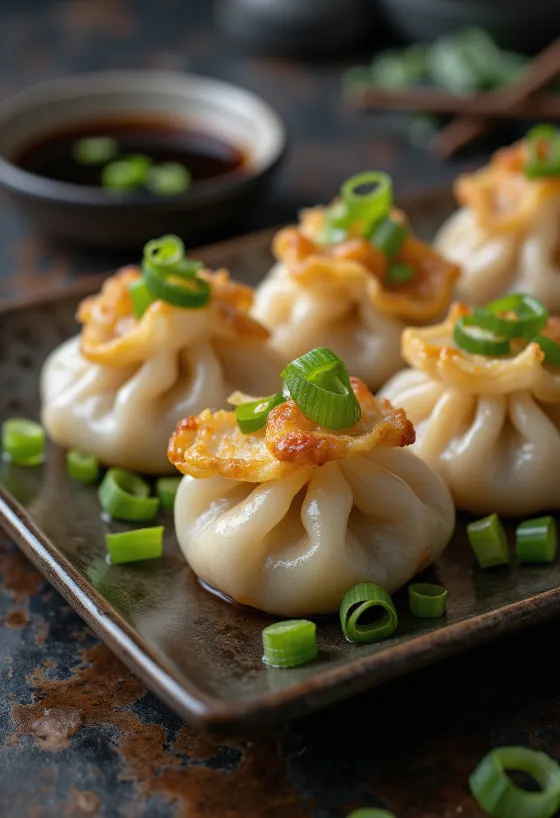 Korealainen mandu rapealla taikinalla tarjoiltuna