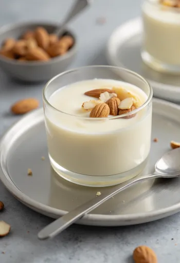 Vegaaninen manjar, kermainen kookosmaitojälkiruoka mantelivoilla ja vaniljalla