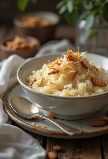 Narkeler payesh kookoksinen riisivanukas, mantelilastuilla ja kookoshiutaleilla koristeltuna.