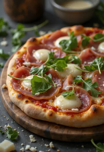 Pizza al Prosciutto Crudo tarjoiltuna Parman kinkulla ja rucolalla