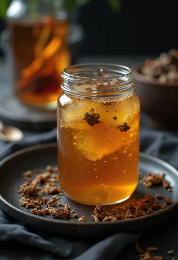 Probioottinen musta tee -kombucha pullossa, hiilihappoinen juoma tarjoiltuna