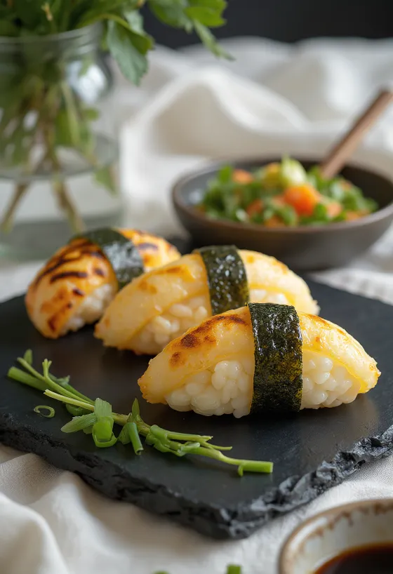 Paistettu kananmuna-onigiri, nori-levällä tarjoiltuna