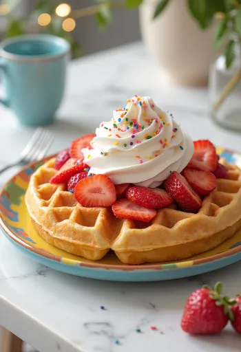 Värikäs syntymäpäivävohveli kermavaahdolla ja mansikoilla