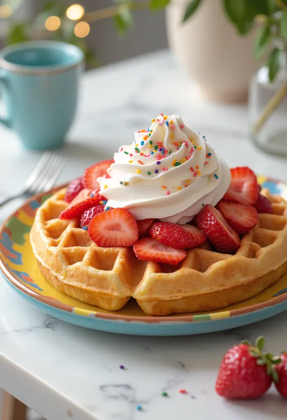 Värikäs syntymäpäivävohveli kermavaahdolla ja mansikoilla