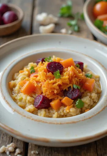 Açorda vihanneksilla, kulhossa persiljalla koristeltuna