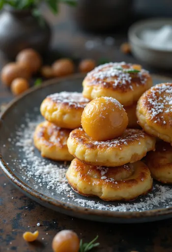 Æbleskiver-pannukakku, tomusokerilla ripoteltuna