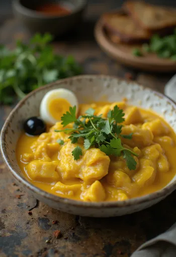 Ají de gallina korianterilla tarjoiltuna, kermaisella kastikkeella