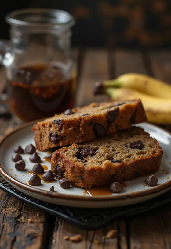 Banaanileipä suklaalla, vastapaistettuja leipäviipaleita suklaapaloilla