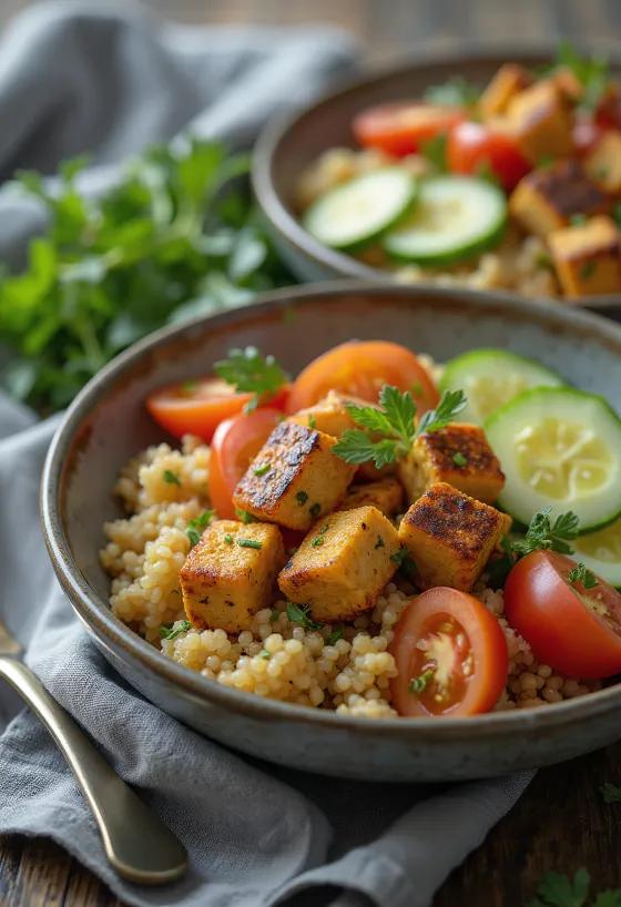 Grillattu tofu tarjoiltuna kvinoasalaatin kanssa