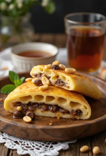 Martabak manis karamellisoidulla sokerilla, tarjoiltuna maapähkinöiden kera