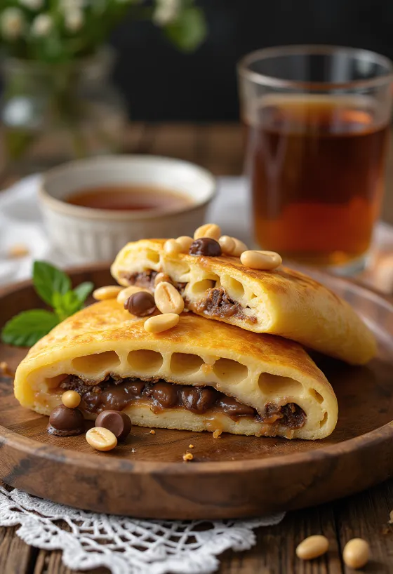 Martabak manis karamellisoidulla sokerilla, tarjoiltuna maapähkinöiden kera