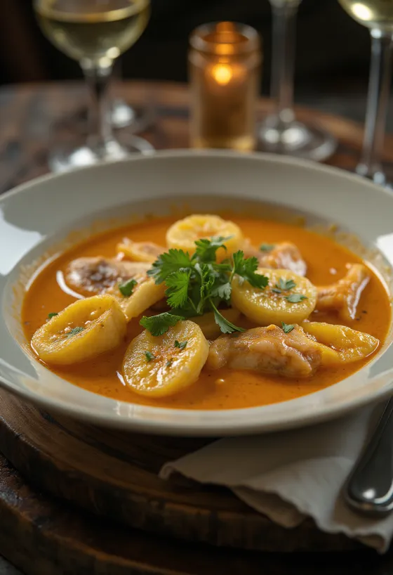 Moqueca tarjoiltuna banaanilla, kalalla ja kookosmaidolla