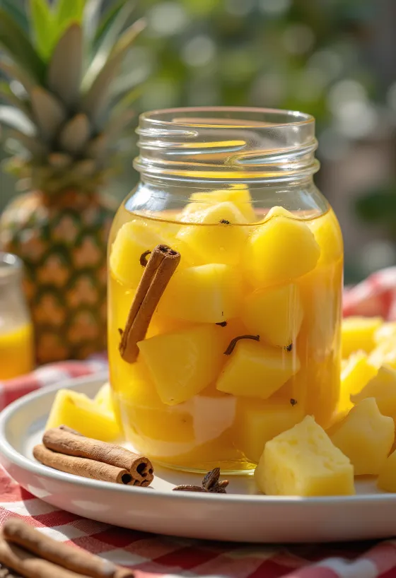 Marinoitu ananas lasipurkissa tarjoiltuna