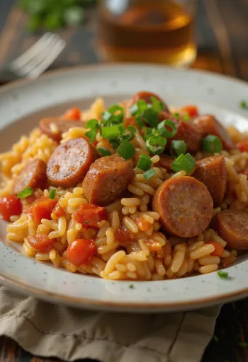 Savumakkara-jambalaya tarjoiltuna kulhossa persiljalla koristeltuna