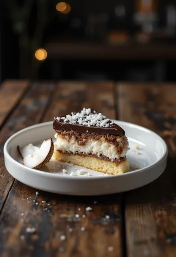 Bounty-kakku suklaakuorrutteella ja kookoshiutaleilla koristeltuna