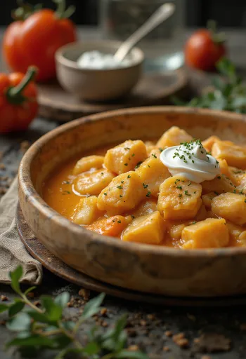 Monnipaprikash tarjoiltuna rahkapastan kera