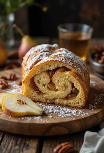 Päärynä-pekaanipähkinästollen viipaloituna, tomusokerilla ripoteltuna