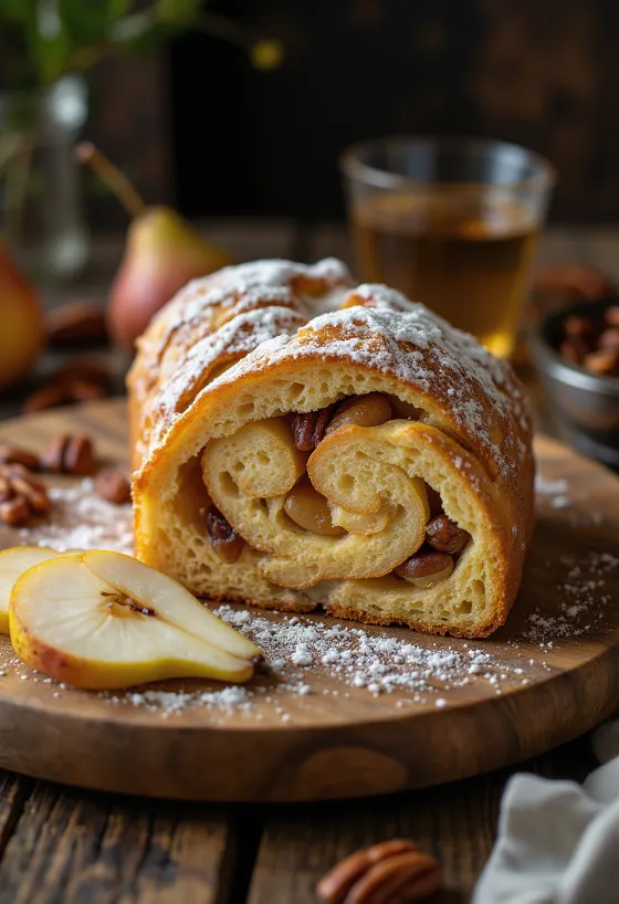 Päärynä-pekaanipähkinästollen viipaloituna, tomusokerilla ripoteltuna