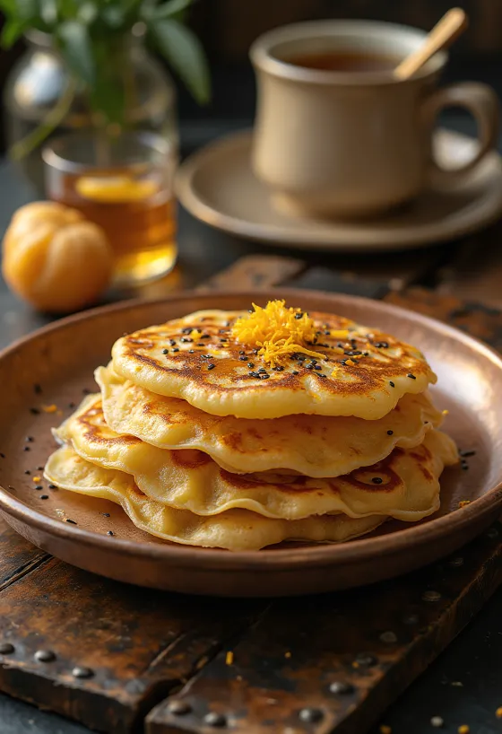 Malpua appelsiinimausteella, lämmin makeinen appelsiininkuorella ja seesaminsiemenillä.