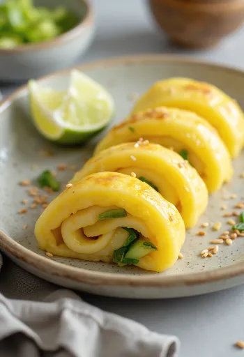 Tamagoyaki purjosipulilla, munakas runsaalla purjosipulitäytteellä