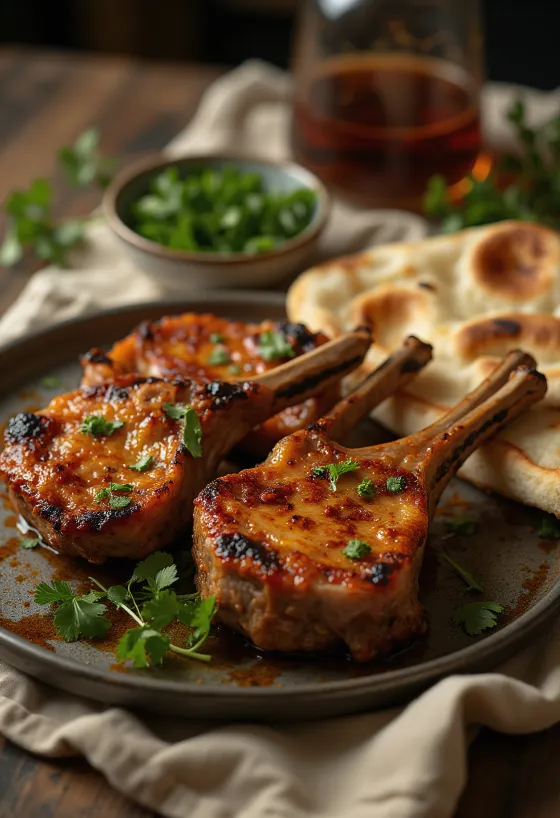 Tandoori-lammas tarjoiltuna naan-leivän ja salaatin kera