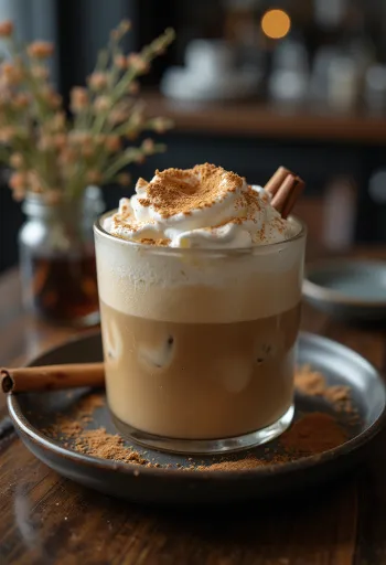 Kaneli-minttufrappé kahvijuoma kermavaahdolla, kanelitangolla ja mintunlehdillä koristeltuna